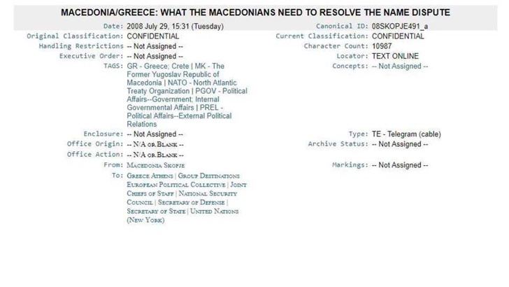  Секретният доклад е подписан лично от тогавашния американски посланик в Македония Джулиън Милованович.