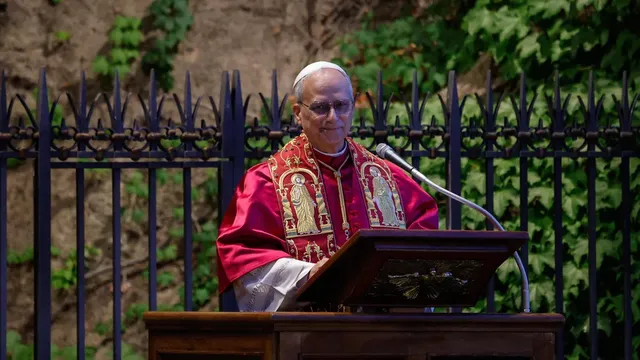 Pope Leo XIV wears the omophorion from Bulgaria, gift from Bulgarian PM Zhelyazkov, in the Vatican Gardens